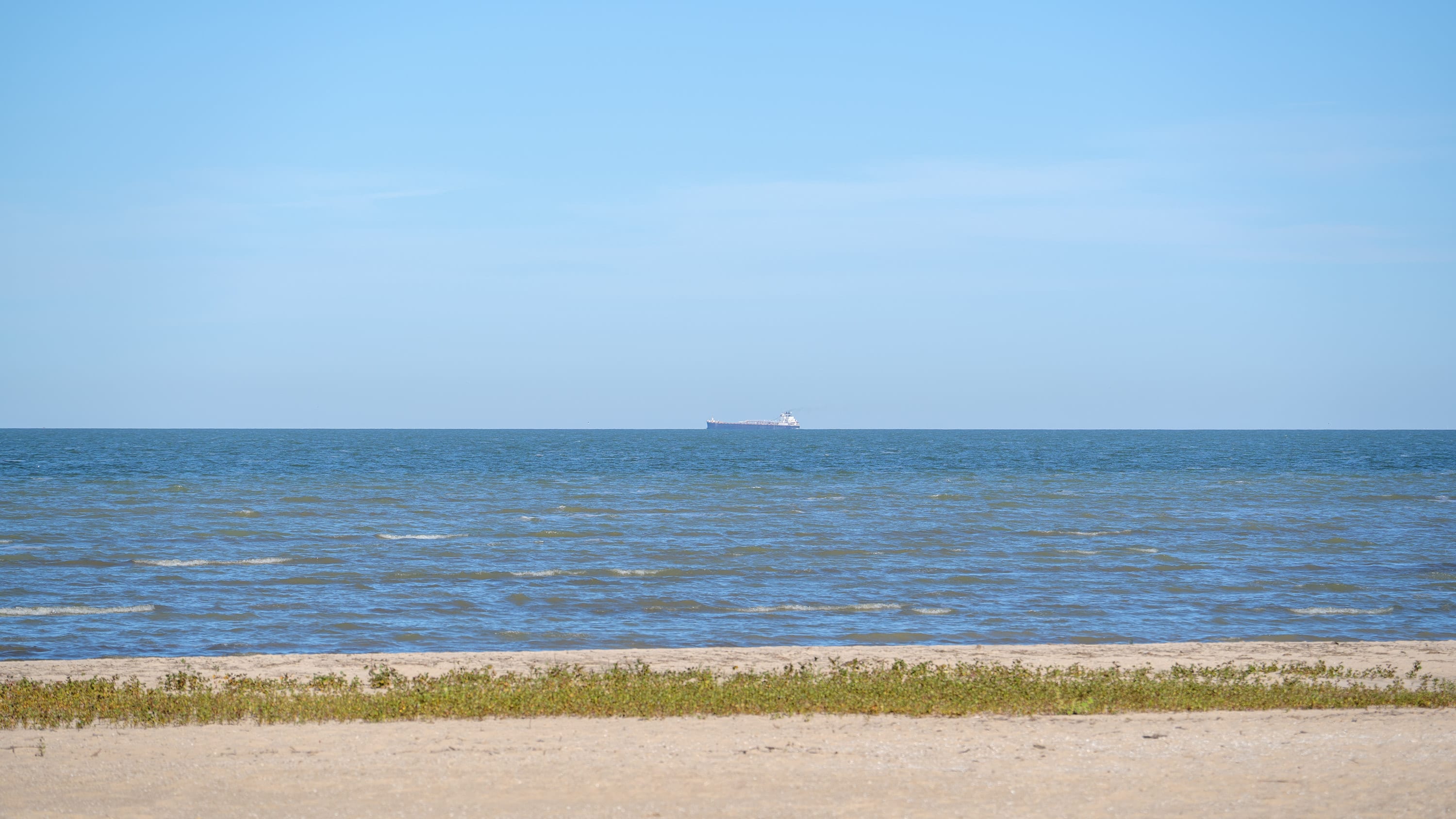 A sandy beach and beach grass, choppy blue water, and a freighter on the horizon.
