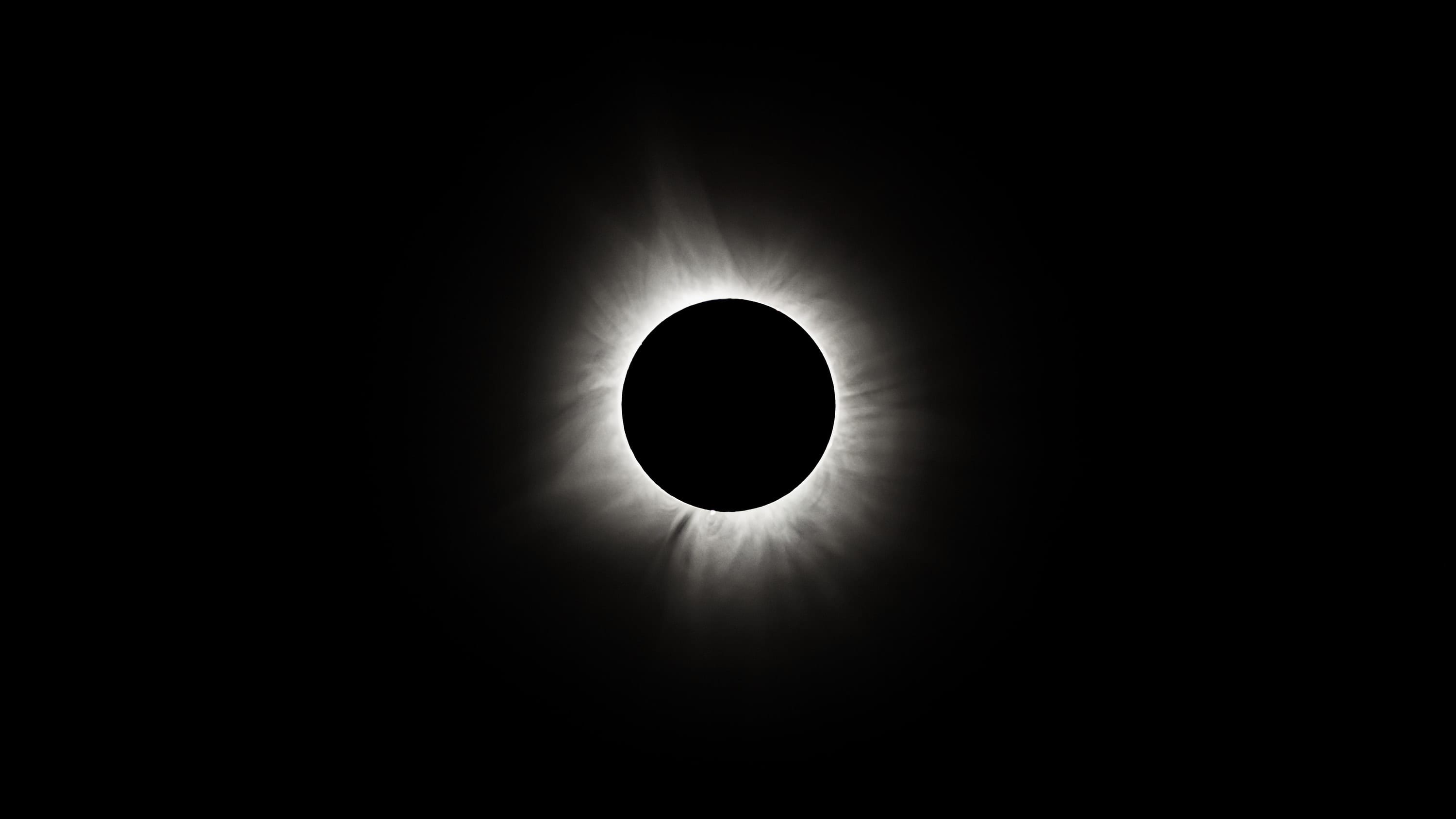 Total solar eclipse: the black disc of the moon ringed by the white glow of the corona.